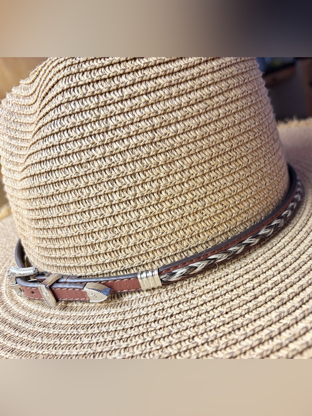 M&F Leather Hat Band Braided Horsehair Western Silver Buckle, Tip & Keeper